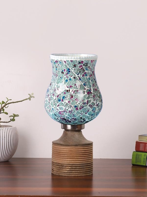 Multicolor Table Lamp | Artistic Mosaic Glass with Sturdy Wood Base | Decorative Ambient Light for Home D�cor | Perfect Blend of Modern & Traditional Style - Model DJE16