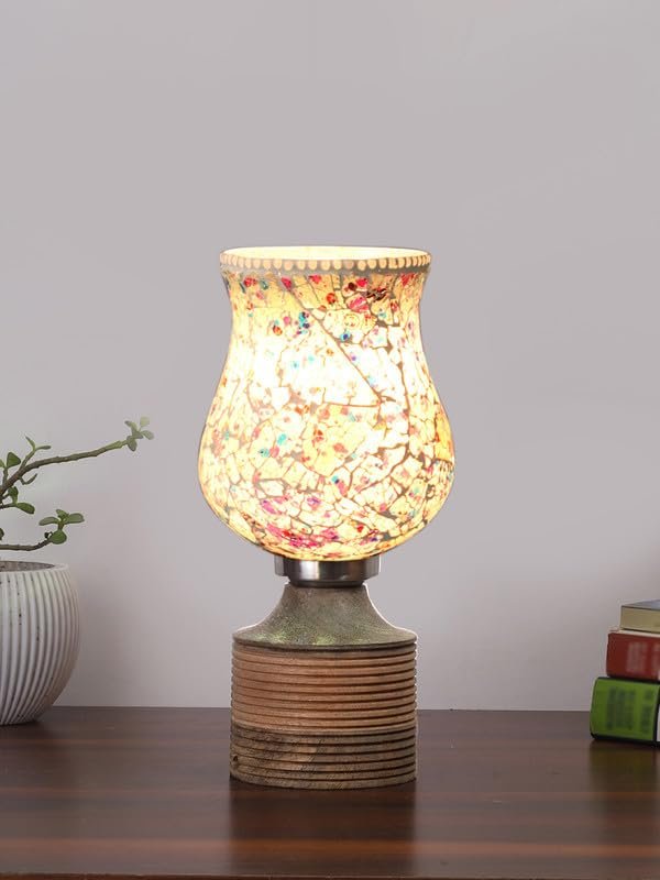 Multicolor Table Lamp | Artistic Mosaic Glass with Sturdy Wood Base | Decorative Ambient Light for Home D�cor | Perfect Blend of Modern & Traditional Style - Model DJE16