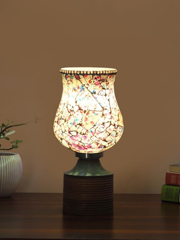 Multicolor Table Lamp | Artistic Mosaic Glass with Sturdy Wood Base | Decorative Ambient Light for Home D�cor | Perfect Blend of Modern & Traditional Style - Model DJE16