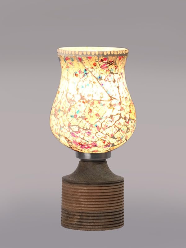 Multicolor Table Lamp | Artistic Mosaic Glass with Sturdy Wood Base | Decorative Ambient Light for Home D�cor | Perfect Blend of Modern & Traditional Style - Model DJE16
