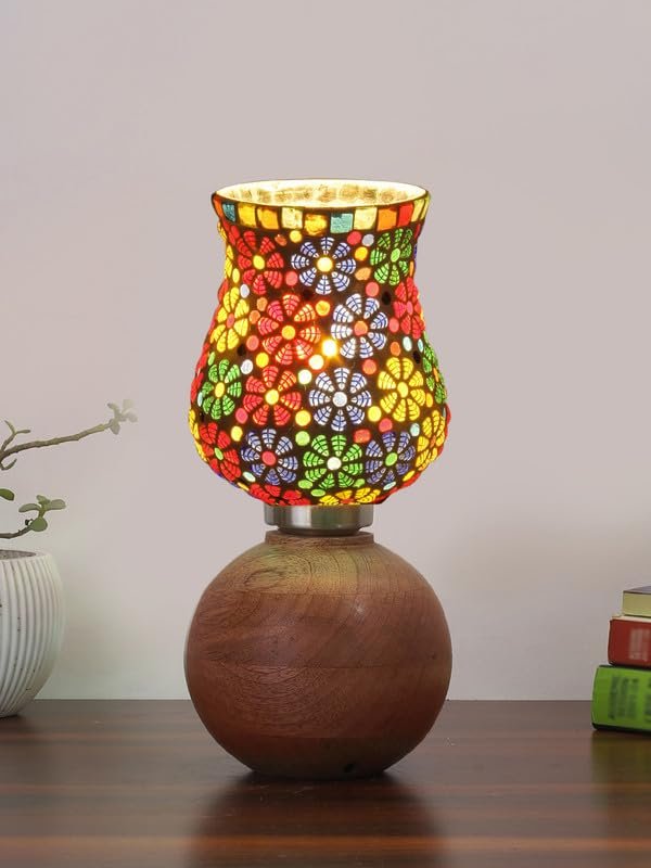 Multicolor Table Lamp | Artistic Mosaic Glass with Sturdy Wood Base | Decorative Ambient Light for Home D�cor | Perfect Blend of Modern & Traditional Style - Model DJF02