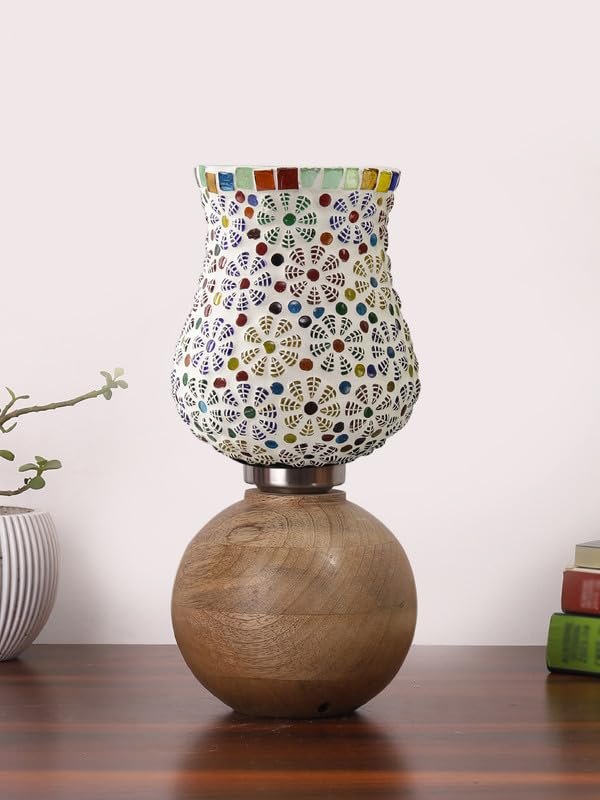 Multicolor Table Lamp | Artistic Mosaic Glass with Sturdy Wood Base | Decorative Ambient Light for Home D�cor | Perfect Blend of Modern & Traditional Style - Model DJF02