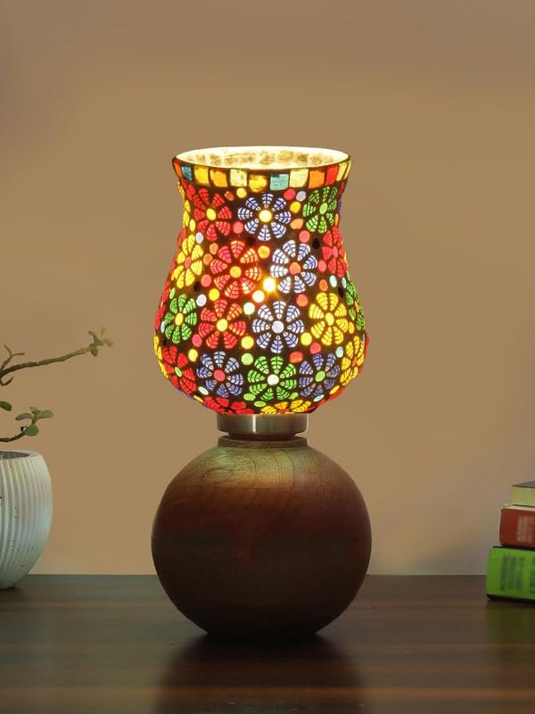 Multicolor Table Lamp | Artistic Mosaic Glass with Sturdy Wood Base | Decorative Ambient Light for Home D�cor | Perfect Blend of Modern & Traditional Style - Model DJF02