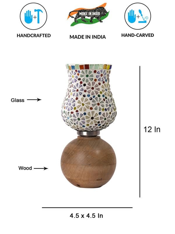Multicolor Table Lamp | Artistic Mosaic Glass with Sturdy Wood Base | Decorative Ambient Light for Home D�cor | Perfect Blend of Modern & Traditional Style - Model DJF02