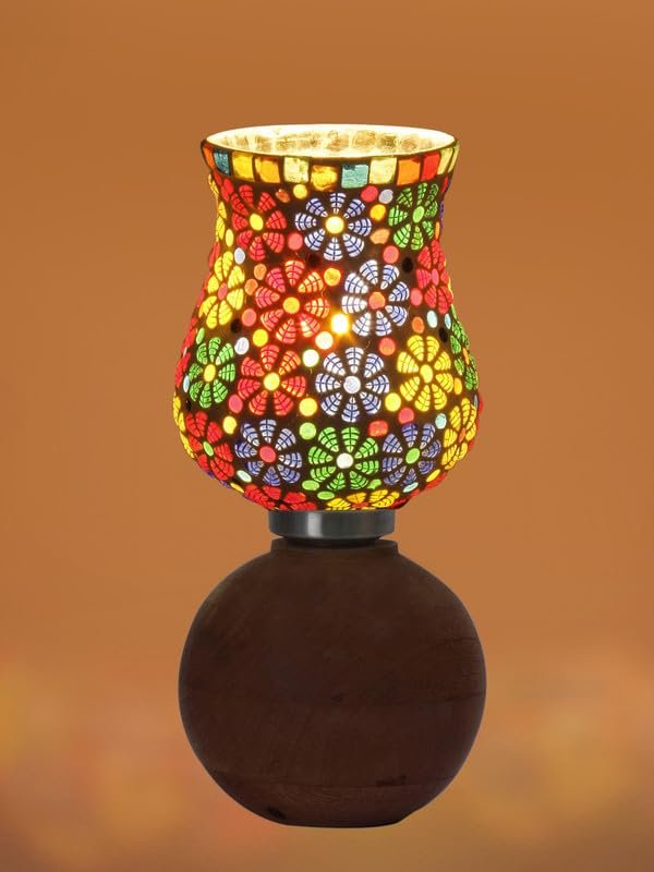Multicolor Table Lamp | Artistic Mosaic Glass with Sturdy Wood Base | Decorative Ambient Light for Home D�cor | Perfect Blend of Modern & Traditional Style - Model DJF02
