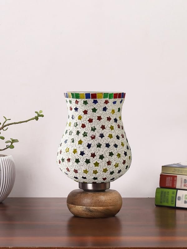 Multicolor Table Lamp | Artistic Mosaic Glass with Sturdy Wood Base | Decorative Ambient Light for Home D�cor | Perfect Blend of Modern & Traditional Style - Model DJJ14