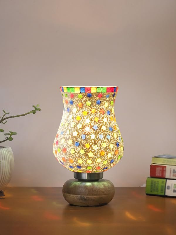 Multicolor Table Lamp | Artistic Mosaic Glass with Sturdy Wood Base | Decorative Ambient Light for Home D�cor | Perfect Blend of Modern & Traditional Style - Model DJJ14