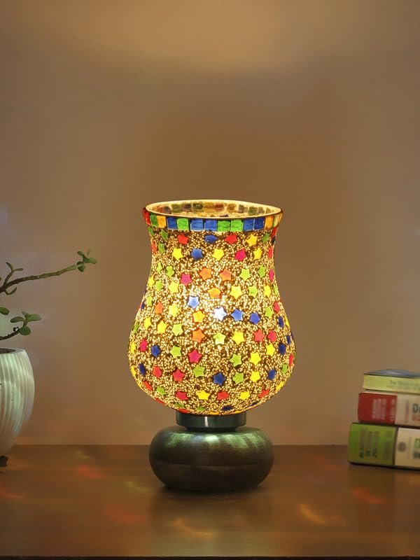 Multicolor Table Lamp | Artistic Mosaic Glass with Sturdy Wood Base | Decorative Ambient Light for Home D�cor | Perfect Blend of Modern & Traditional Style - Model DJJ14