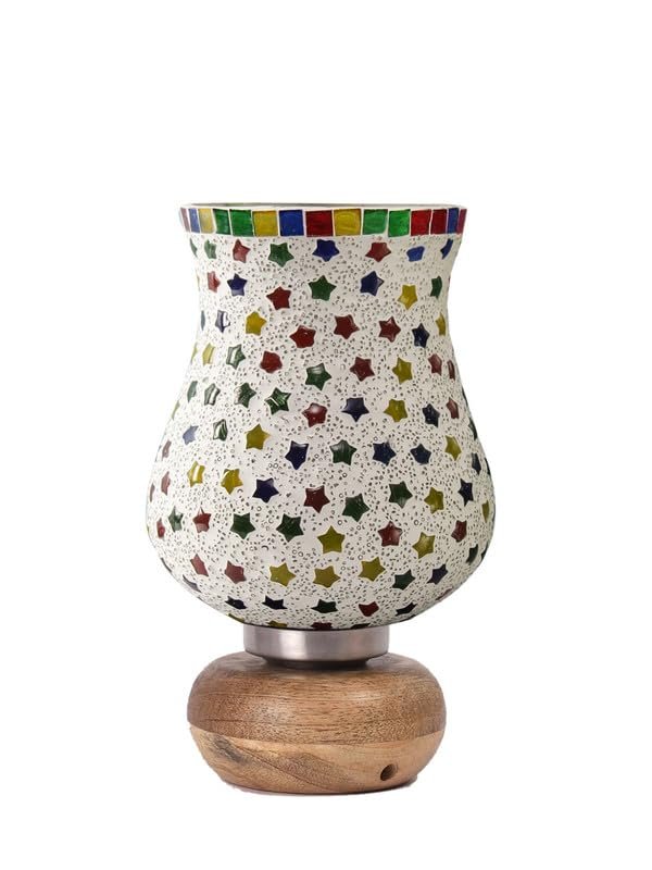 Multicolor Table Lamp | Artistic Mosaic Glass with Sturdy Wood Base | Decorative Ambient Light for Home D�cor | Perfect Blend of Modern & Traditional Style - Model DJJ14