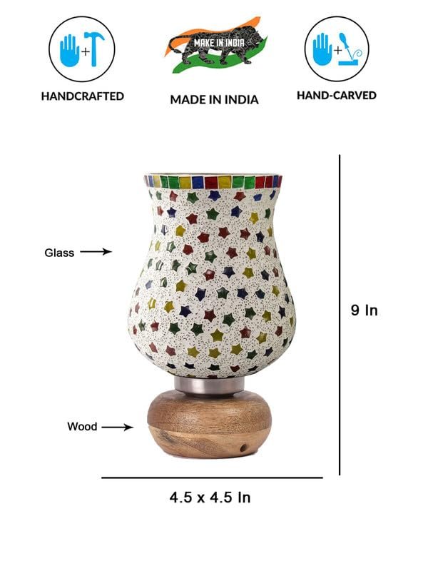 Multicolor Table Lamp | Artistic Mosaic Glass with Sturdy Wood Base | Decorative Ambient Light for Home D�cor | Perfect Blend of Modern & Traditional Style - Model DJJ14