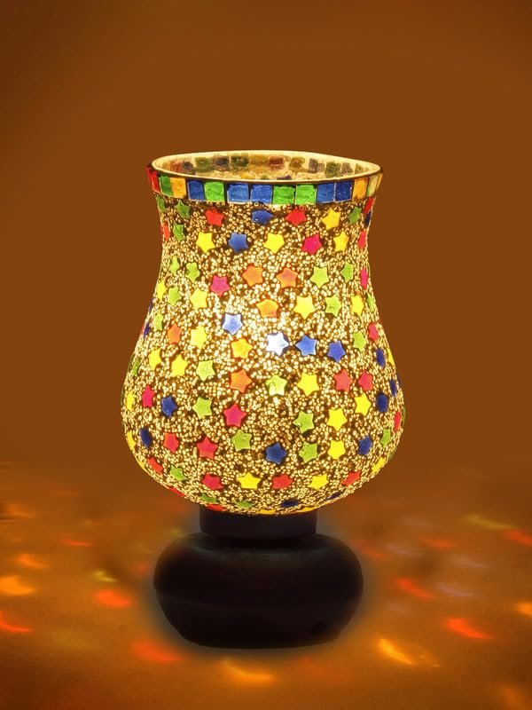 Multicolor Table Lamp | Artistic Mosaic Glass with Sturdy Wood Base | Decorative Ambient Light for Home D�cor | Perfect Blend of Modern & Traditional Style - Model DJJ14