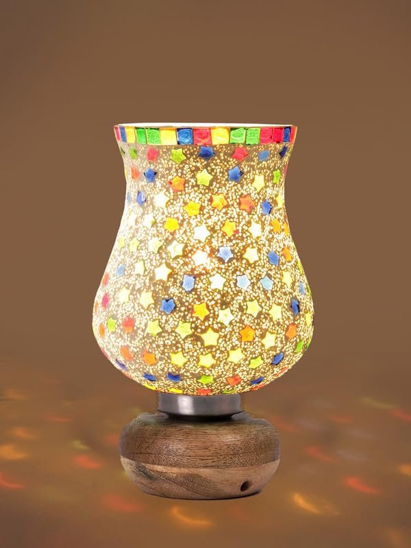 Multicolor Table Lamp | Artistic Mosaic Glass with Sturdy Wood Base | Decorative Ambient Light for Home D�cor | Perfect Blend of Modern & Traditional Style - Model DJJ14