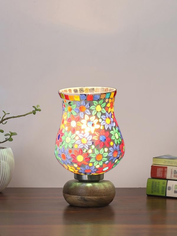 Multicolor Table Lamp | Artistic Mosaic Glass with Sturdy Wood Base | Decorative Ambient Light for Home D�cor | Perfect Blend of Modern & Traditional Style - Model DJJ15