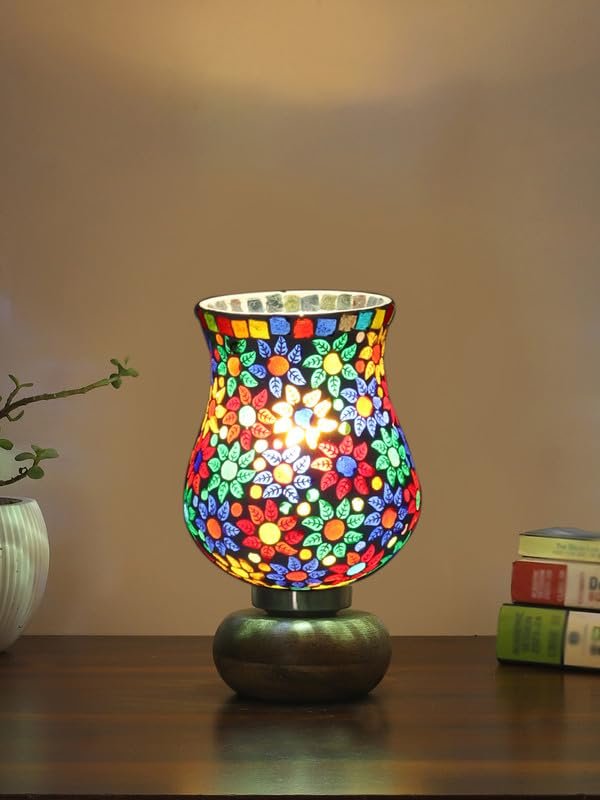Multicolor Table Lamp | Artistic Mosaic Glass with Sturdy Wood Base | Decorative Ambient Light for Home D�cor | Perfect Blend of Modern & Traditional Style - Model DJJ15