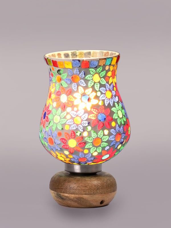 Multicolor Table Lamp | Artistic Mosaic Glass with Sturdy Wood Base | Decorative Ambient Light for Home D�cor | Perfect Blend of Modern & Traditional Style - Model DJJ15