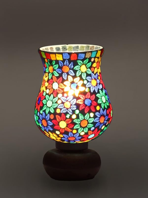 Multicolor Table Lamp | Artistic Mosaic Glass with Sturdy Wood Base | Decorative Ambient Light for Home D�cor | Perfect Blend of Modern & Traditional Style - Model DJJ15