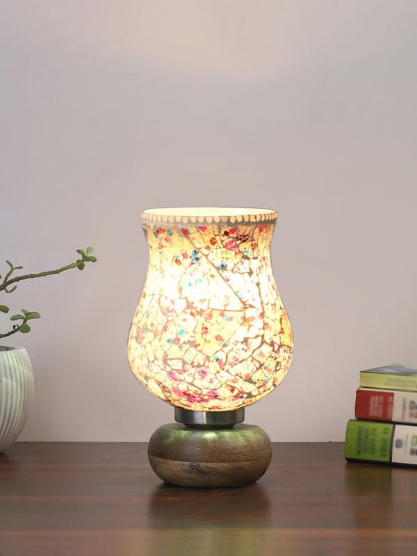 Multicolor Table Lamp | Artistic Mosaic Glass with Sturdy Wood Base | Decorative Ambient Light for Home D�cor | Perfect Blend of Modern & Traditional Style - Model DJJ16
