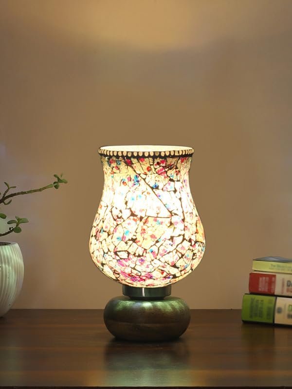 Multicolor Table Lamp | Artistic Mosaic Glass with Sturdy Wood Base | Decorative Ambient Light for Home D�cor | Perfect Blend of Modern & Traditional Style - Model DJJ16