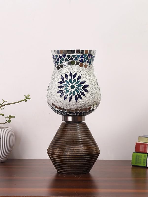 Multicolor Table Lamp | Artistic Mosaic Glass with Sturdy Wood Base | Decorative Ambient Light for Home D�cor | Perfect Blend of Modern & Traditional Style - Model DJK00