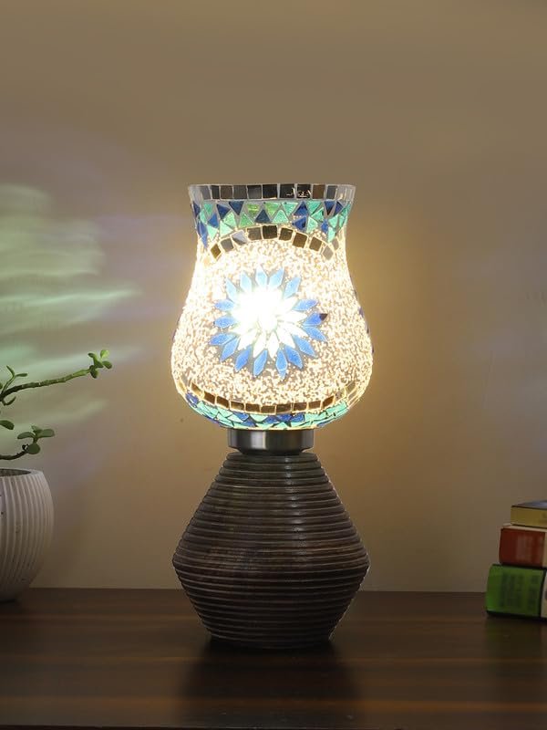 Multicolor Table Lamp | Artistic Mosaic Glass with Sturdy Wood Base | Decorative Ambient Light for Home D�cor | Perfect Blend of Modern & Traditional Style - Model DJK00