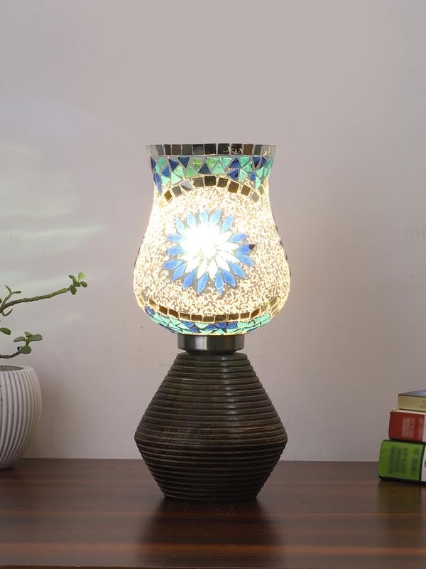 Multicolor Table Lamp | Artistic Mosaic Glass with Sturdy Wood Base | Decorative Ambient Light for Home D�cor | Perfect Blend of Modern & Traditional Style - Model DJK00