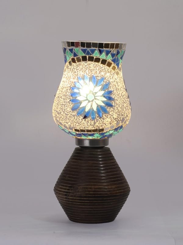 Multicolor Table Lamp | Artistic Mosaic Glass with Sturdy Wood Base | Decorative Ambient Light for Home D�cor | Perfect Blend of Modern & Traditional Style - Model DJK00