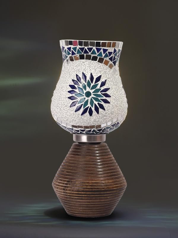 Multicolor Table Lamp | Artistic Mosaic Glass with Sturdy Wood Base | Decorative Ambient Light for Home D�cor | Perfect Blend of Modern & Traditional Style - Model DJK00
