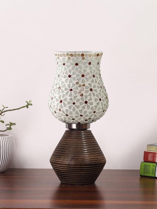 Multicolor Table Lamp | Artistic Mosaic Glass with Sturdy Wood Base | Decorative Ambient Light for Home D�cor | Perfect Blend of Modern & Traditional Style - Model DJK01
