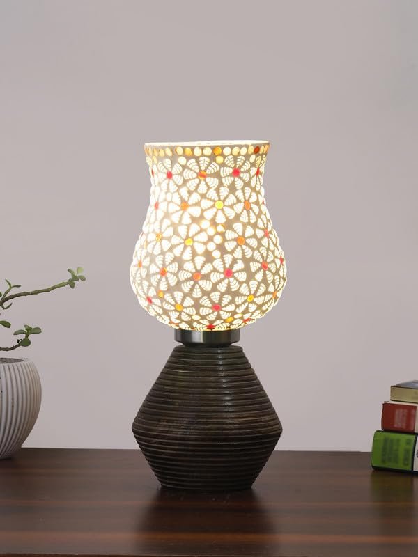 Multicolor Table Lamp | Artistic Mosaic Glass with Sturdy Wood Base | Decorative Ambient Light for Home D�cor | Perfect Blend of Modern & Traditional Style - Model DJK01