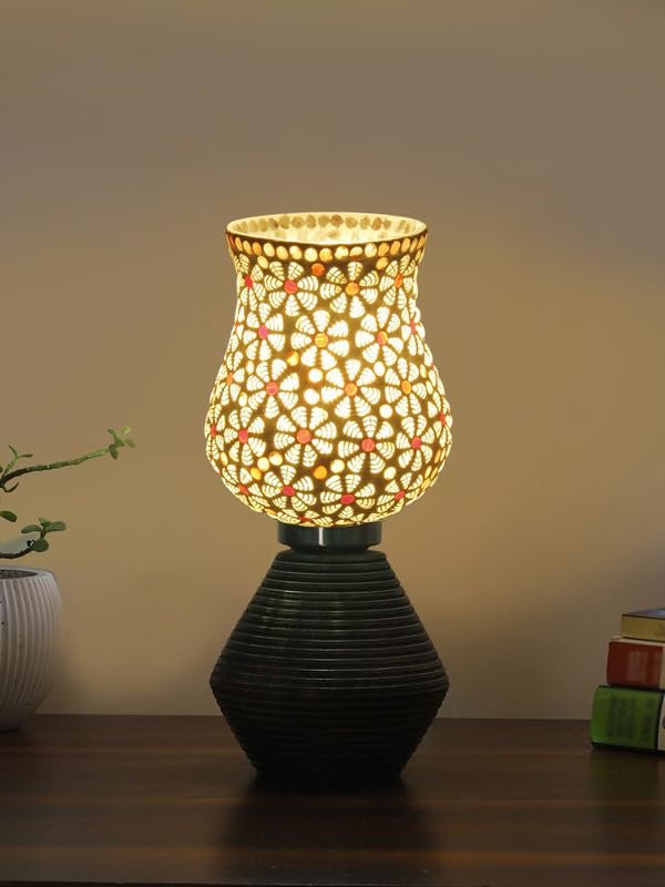 Multicolor Table Lamp | Artistic Mosaic Glass with Sturdy Wood Base | Decorative Ambient Light for Home D�cor | Perfect Blend of Modern & Traditional Style - Model DJK01