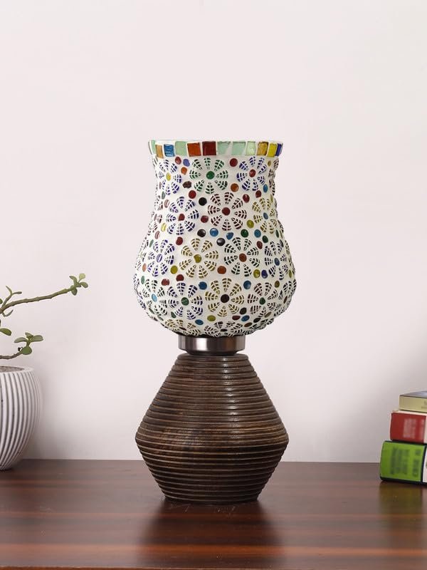 Multicolor Table Lamp | Artistic Mosaic Glass with Sturdy Wood Base | Decorative Ambient Light for Home D�cor | Perfect Blend of Modern & Traditional Style - Model DJK02