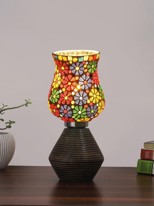 Multicolor Table Lamp | Artistic Mosaic Glass with Sturdy Wood Base | Decorative Ambient Light for Home D�cor | Perfect Blend of Modern & Traditional Style - Model DJK02