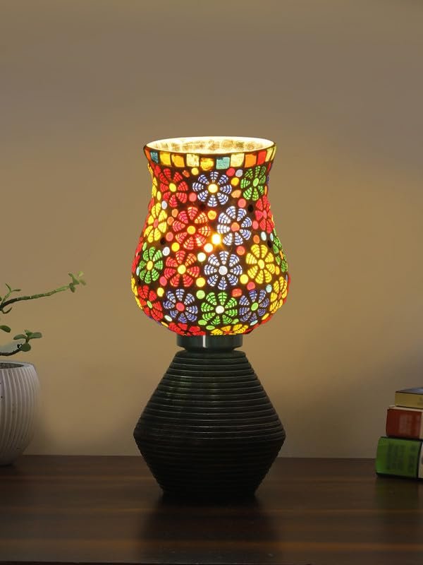 Multicolor Table Lamp | Artistic Mosaic Glass with Sturdy Wood Base | Decorative Ambient Light for Home D�cor | Perfect Blend of Modern & Traditional Style - Model DJK02