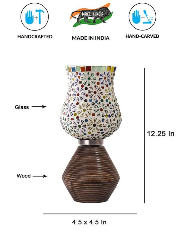 Multicolor Table Lamp | Artistic Mosaic Glass with Sturdy Wood Base | Decorative Ambient Light for Home D�cor | Perfect Blend of Modern & Traditional Style - Model DJK02