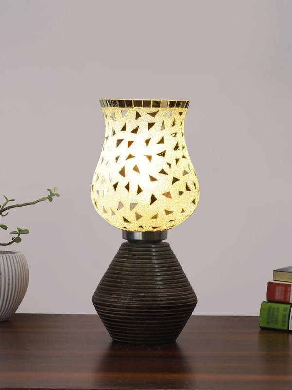 Multicolor Table Lamp | Artistic Mosaic Glass with Sturdy Wood Base | Decorative Ambient Light for Home D�cor | Perfect Blend of Modern & Traditional Style - Model DJK03