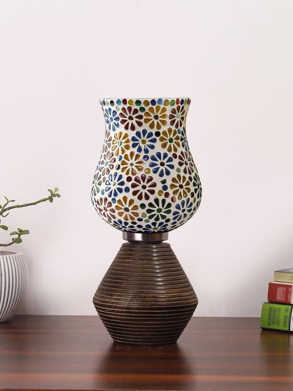 Multicolor Table Lamp | Artistic Mosaic Glass with Sturdy Wood Base | Decorative Ambient Light for Home D�cor | Perfect Blend of Modern & Traditional Style - Model DJK04