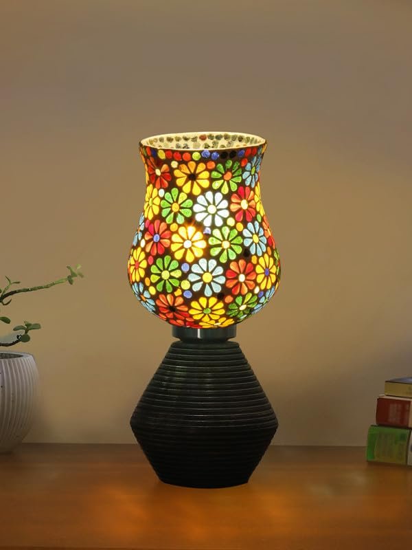 Multicolor Table Lamp | Artistic Mosaic Glass with Sturdy Wood Base | Decorative Ambient Light for Home D�cor | Perfect Blend of Modern & Traditional Style - Model DJK04