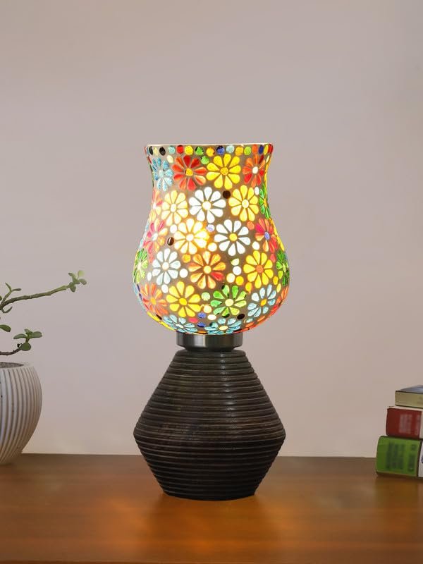 Multicolor Table Lamp | Artistic Mosaic Glass with Sturdy Wood Base | Decorative Ambient Light for Home D�cor | Perfect Blend of Modern & Traditional Style - Model DJK04