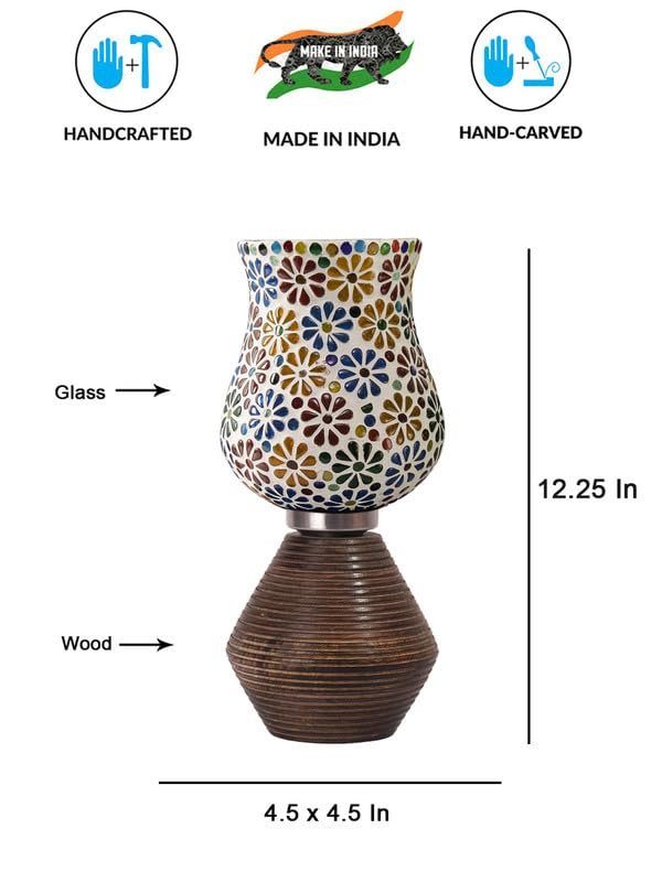 Multicolor Table Lamp | Artistic Mosaic Glass with Sturdy Wood Base | Decorative Ambient Light for Home D�cor | Perfect Blend of Modern & Traditional Style - Model DJK04