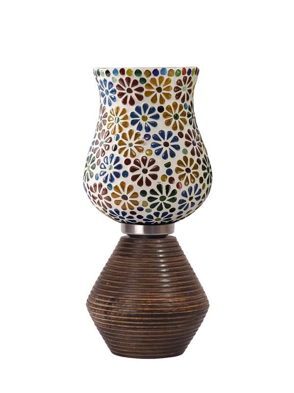 Multicolor Table Lamp | Artistic Mosaic Glass with Sturdy Wood Base | Decorative Ambient Light for Home D�cor | Perfect Blend of Modern & Traditional Style - Model DJK04