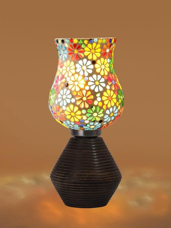 Multicolor Table Lamp | Artistic Mosaic Glass with Sturdy Wood Base | Decorative Ambient Light for Home D�cor | Perfect Blend of Modern & Traditional Style - Model DJK04
