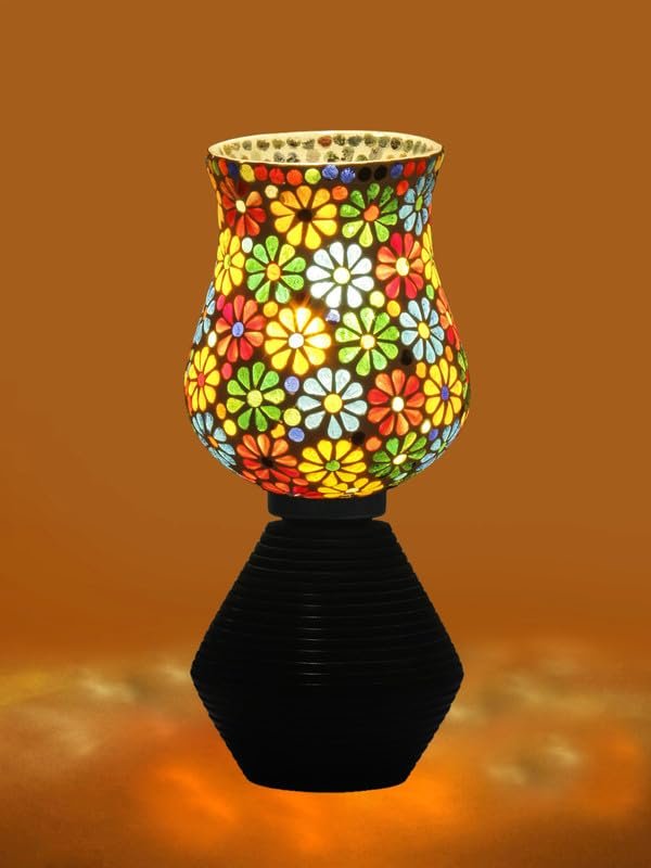 Multicolor Table Lamp | Artistic Mosaic Glass with Sturdy Wood Base | Decorative Ambient Light for Home D�cor | Perfect Blend of Modern & Traditional Style - Model DJK04