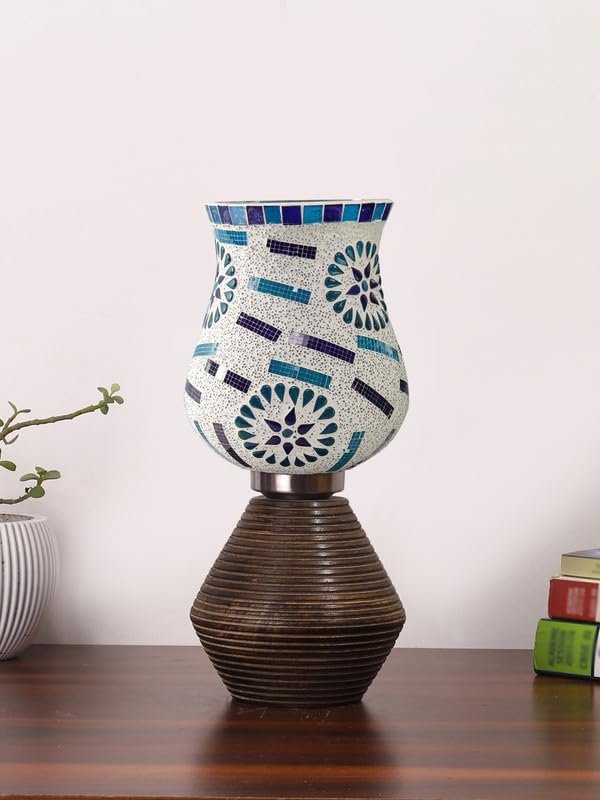 Multicolor Table Lamp | Artistic Mosaic Glass with Sturdy Wood Base | Decorative Ambient Light for Home D�cor | Perfect Blend of Modern & Traditional Style - Model DJK