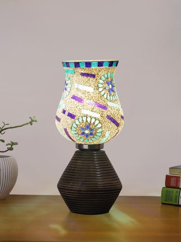 Multicolor Table Lamp | Artistic Mosaic Glass with Sturdy Wood Base | Decorative Ambient Light for Home D�cor | Perfect Blend of Modern & Traditional Style - Model DJK