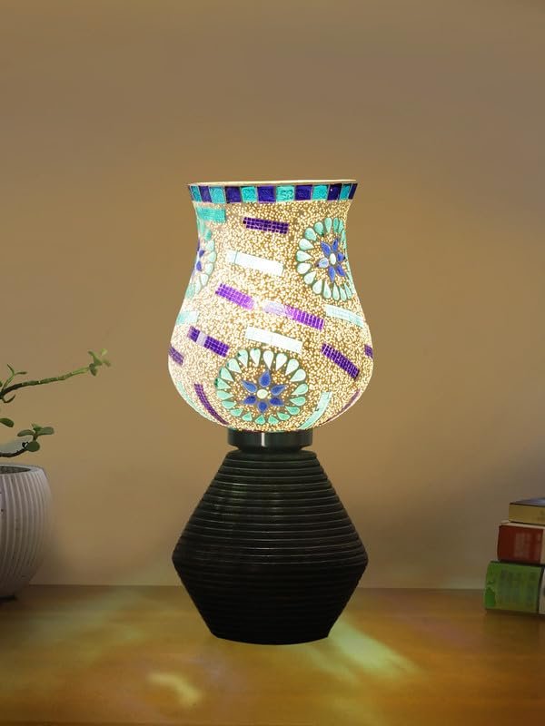 Multicolor Table Lamp | Artistic Mosaic Glass with Sturdy Wood Base | Decorative Ambient Light for Home D�cor | Perfect Blend of Modern & Traditional Style - Model DJK