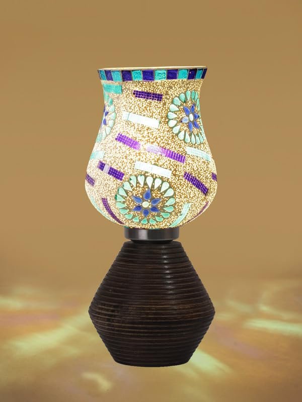 Multicolor Table Lamp | Artistic Mosaic Glass with Sturdy Wood Base | Decorative Ambient Light for Home D�cor | Perfect Blend of Modern & Traditional Style - Model DJK