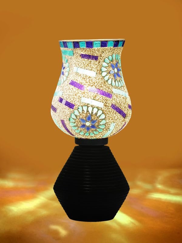 Multicolor Table Lamp | Artistic Mosaic Glass with Sturdy Wood Base | Decorative Ambient Light for Home D�cor | Perfect Blend of Modern & Traditional Style - Model DJK