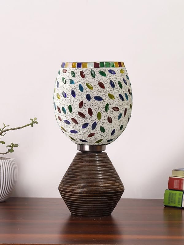 Multicolor Table Lamp | Artistic Mosaic Glass with Sturdy Wood Base | Decorative Ambient Light for Home D�cor | Perfect Blend of Modern & Traditional Style - Model DJK06