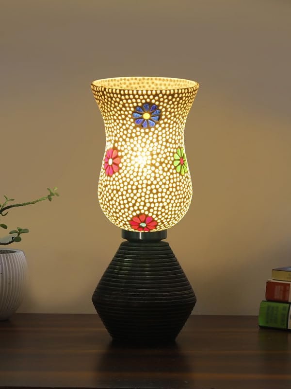 Multicolor Table Lamp | Artistic Mosaic Glass with Sturdy Wood Base | Decorative Ambient Light for Home D�cor | Perfect Blend of Modern & Traditional Style - Model DJK07