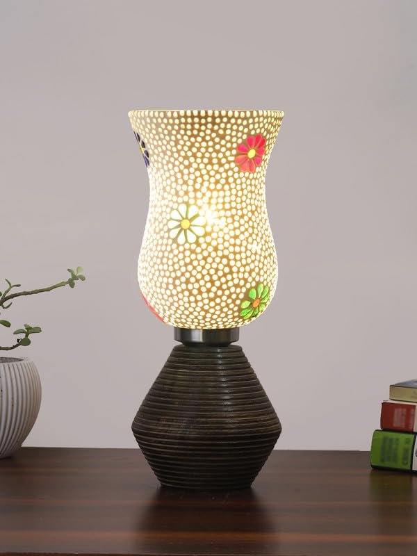 Multicolor Table Lamp | Artistic Mosaic Glass with Sturdy Wood Base | Decorative Ambient Light for Home D�cor | Perfect Blend of Modern & Traditional Style - Model DJK07